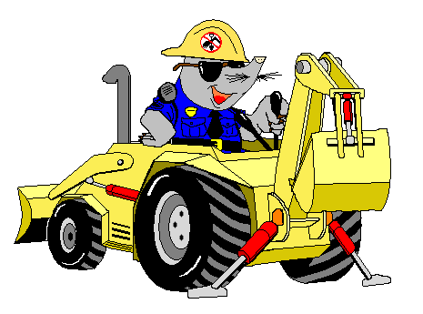 cartoon mole in utility uniform operating a backhoe